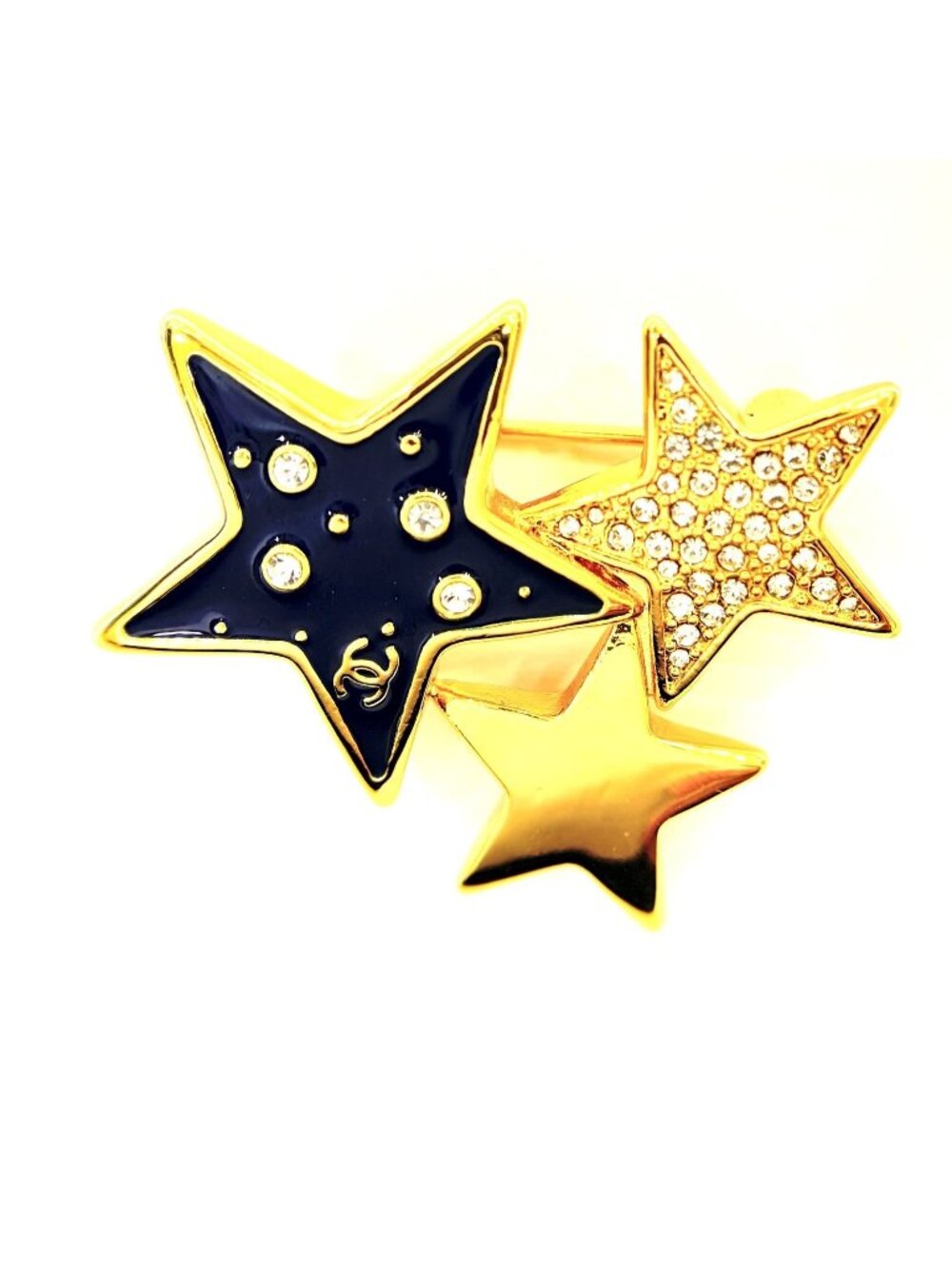 Chanel Rhinestone Star Brooch Gold Plated Navy